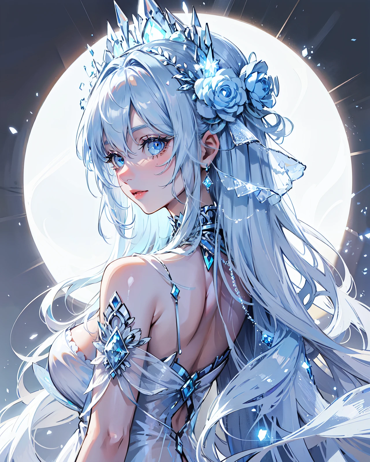 Imagine a upper-body shot of a Celestite-inspired character--a female embodiment of the gem's delicate beauty. Her light blue hair mirrors the crystal's hues, while reflective pale blue eyes and subtly fair, translucent skin capture its ethereal essence. Adorned in flowing fabrics with crystal-like accessories, she exudes serenity and elegance. The character embodies gentle, nurturing qualities inspired by Celestite's calming properties, coupled with wisdom and empathy.