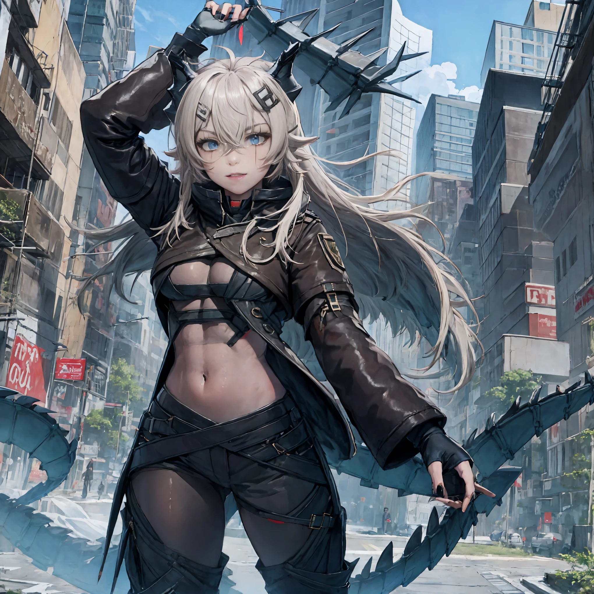masterpiece, shoulder length white hair, female,2 white fox ears, age girl, body,, white scale dragon tail, military boots,black leggings, military combat pants, black T-shirt, white jacket open, medium size chest, detailed blue eyes,solo female,1 dragon tail, tomboyish, thick dragon tail, white scales, 2 dragon wings, white fluffy wings