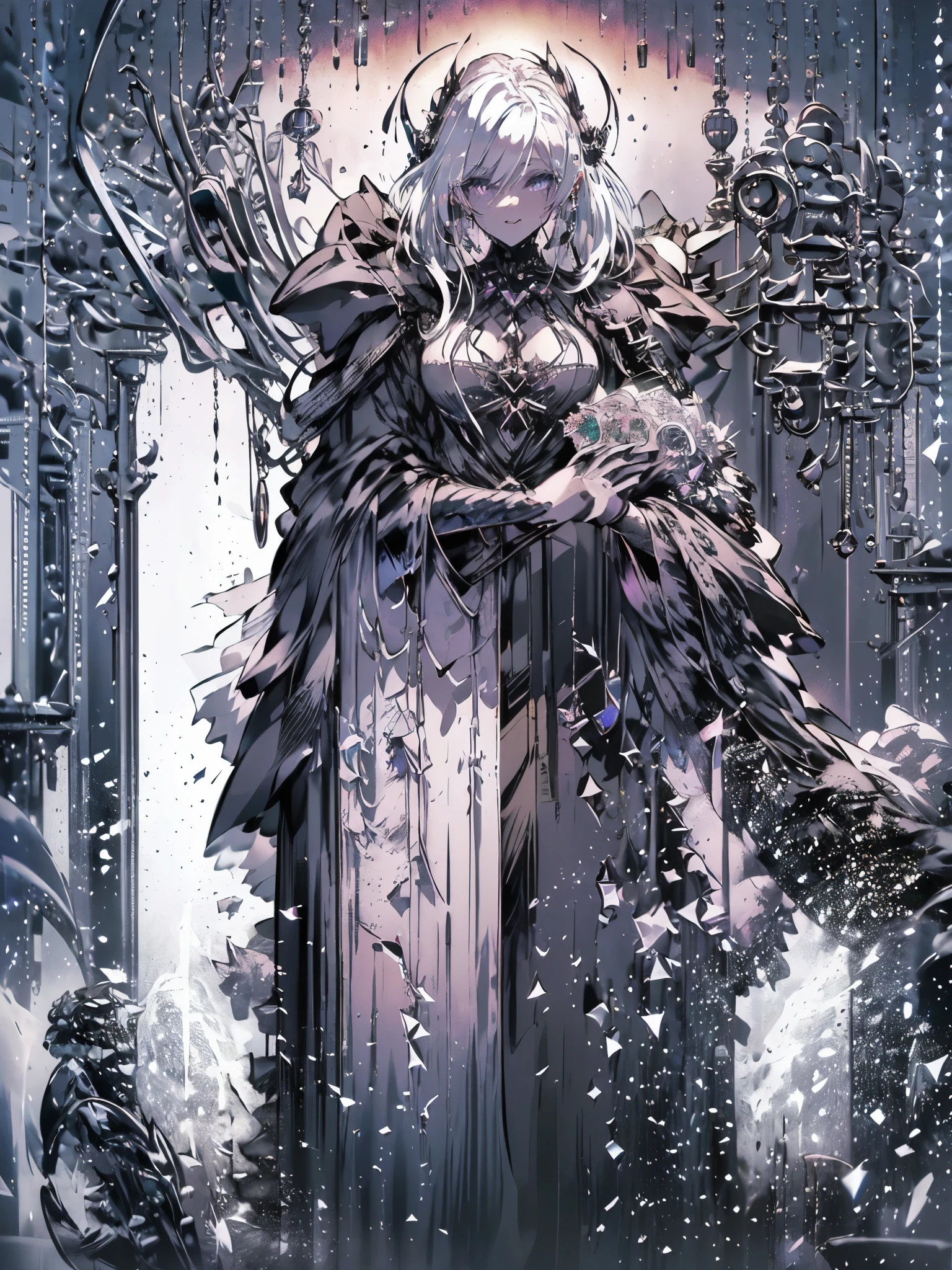 A dark witch with plump lips, illuminated purple eyes, white hair, long hair, elf ears, long white cape, and black robes, black gloves, high collar with black button, cleavage, belly showing, big ass, ((( dark wizard setting with book mounts, low light and leaks))), {extremely detailed 16k CG unit wallpaper}, expansive landscape photography, (a view from below with focus on character and setting), ( wide open field view), (low angle shot), (high light: 1.2), (low light: 1.6), (warm light source: 1.2), complex details, (iridescent colors: 1.5), (bright lighting ), (atmospheric lighting), dreamy, unique,