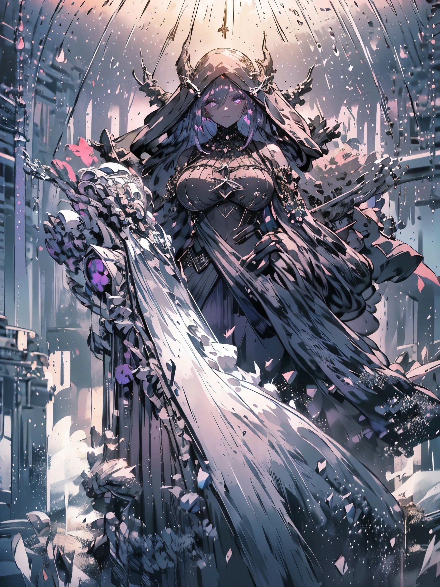 A dark witch with plump lips, illuminated purple eyes, white hair, long hair, elf ears, long white cape, and black robes, black gloves, high collar with black button, cleavage, belly showing, big ass, ((( dark wizard setting with book mounts, low light and leaks))), {extremely detailed 16k CG unit wallpaper}, expansive landscape photography, (a view from below with focus on character and setting), ( wide open field view), (low angle shot), (high light: 1.2), (low light: 1.6), (warm light source: 1.2), complex details, (iridescent colors: 1.5), (bright lighting ), (atmospheric lighting), dreamy, unique,