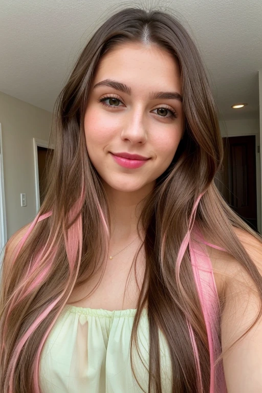 Woman with straight brown hair, with very long hair down to her waist, green eyes, around 22 years old. She has a soft smile, a mouth with thick lips painted with light pink lipstick and wears a transparent pink dress showing her breasts