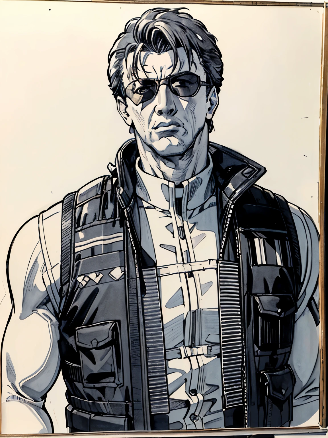 (traditional media:1.6), simple background, Sylvester Stallone Dynamic Angle, POV, looking to viewer, Tactical vest, military, old man, Gray hair, monochrome，Huge muscles，Wide shoulder width，Mustard，sunglasses