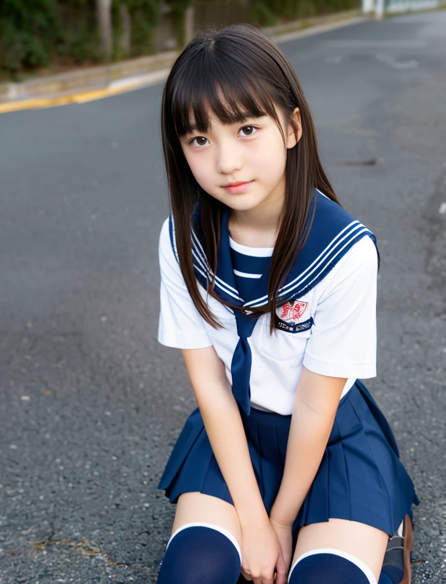 Japan Sailor School Uniform、dark blue school uniform、navy pleated skirt、beautiful girl、15 years old、(((Leave the hem of the sailor suit outside)))、black hair、bun hair、((No bangs:1.2))、((put out one's forehead))、Spinning、white socks、loafers、standing position、serious expression、School、middle School girls、7 head and body、flower、