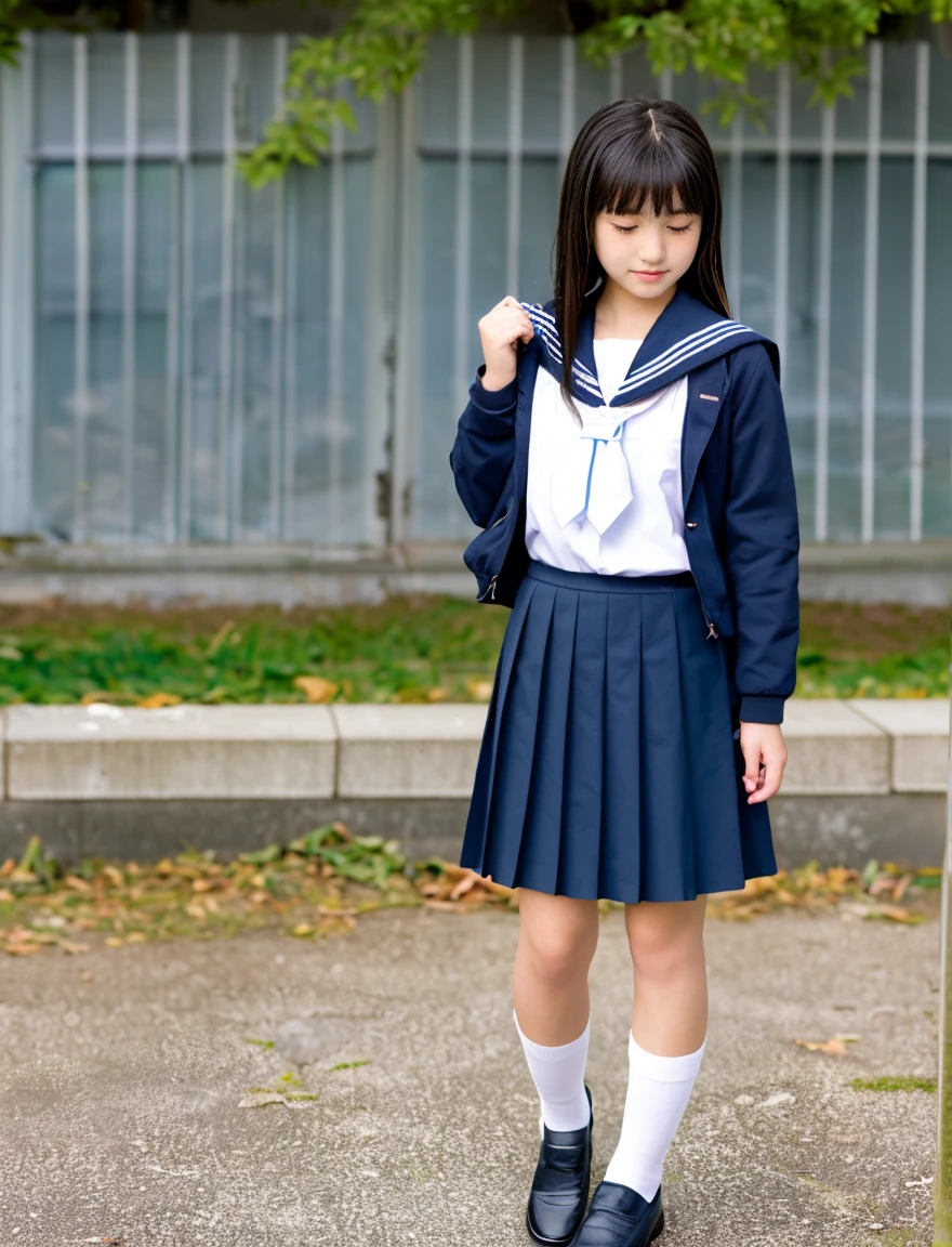 Japan Sailor School Uniform、dark blue school uniform、navy pleated skirt、beautiful girl、15 years old、(((Leave the hem of the sailor suit outside)))、black hair、bun hair、((No bangs:1.2))、((put out one's forehead))、Spinning、white socks、loafers、standing position、serious expression、School、middle School girls、7 head and body、flower、