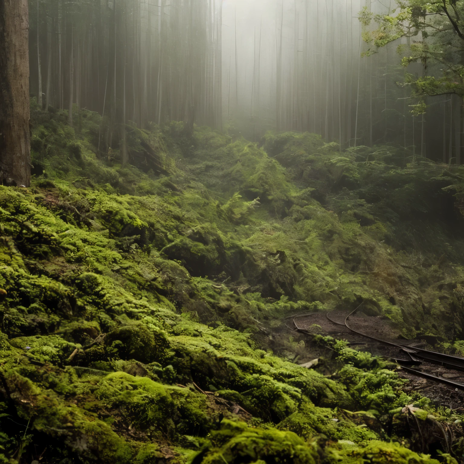 (best quality,4k,8k,highres,masterpiece:1.2),ultra-detailed,(realistic,photorealistic,photo-realistic:1.37),deteriorated train tracks, deep abyss, dark and spooky forest, broken branches, creepy shadows, cliff, misty atmosphere, decaying wooden planks, overgrown vegetation, eerie silence, mysterious haze, train rails going towards the abyss, haunting vibes, somber color palette, soft natural light