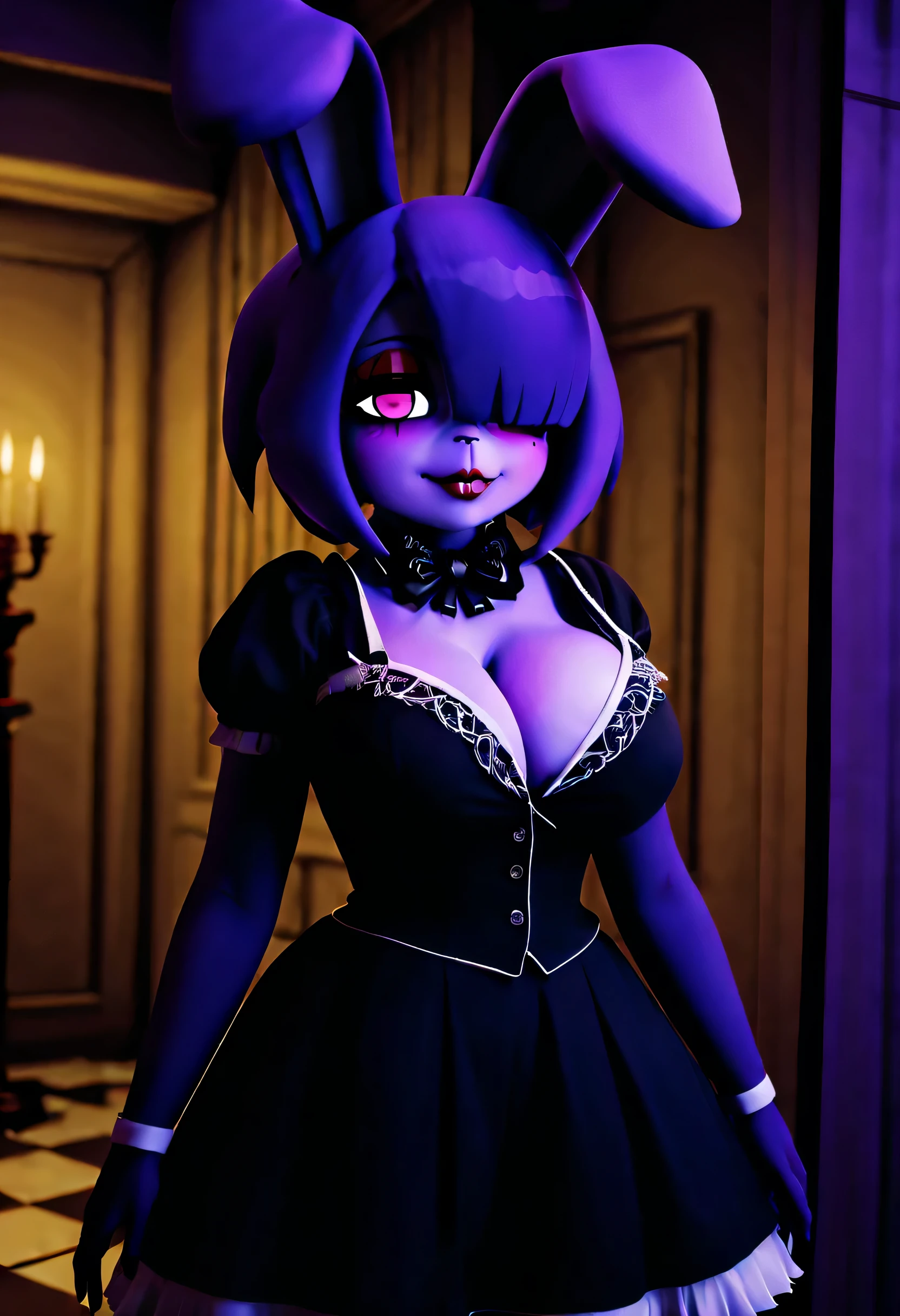 (best quality, masterpiece1.2), 1girl, solo, anthro, cally3d, bonfie, pink eyes, one eye covered, red eyeliner, bunny ears, gothic lolita outfit, cutesy, purple hair, sexy, detailed, extreme detail, perfect lighting, 4k, vivid colors, ethereal atmosphere, mystical vibes, enchanting background, mesmerizing expression, dark shadows, haunting beauty, alluring gaze, gothic style, surreal elements, magical aura, intricate details