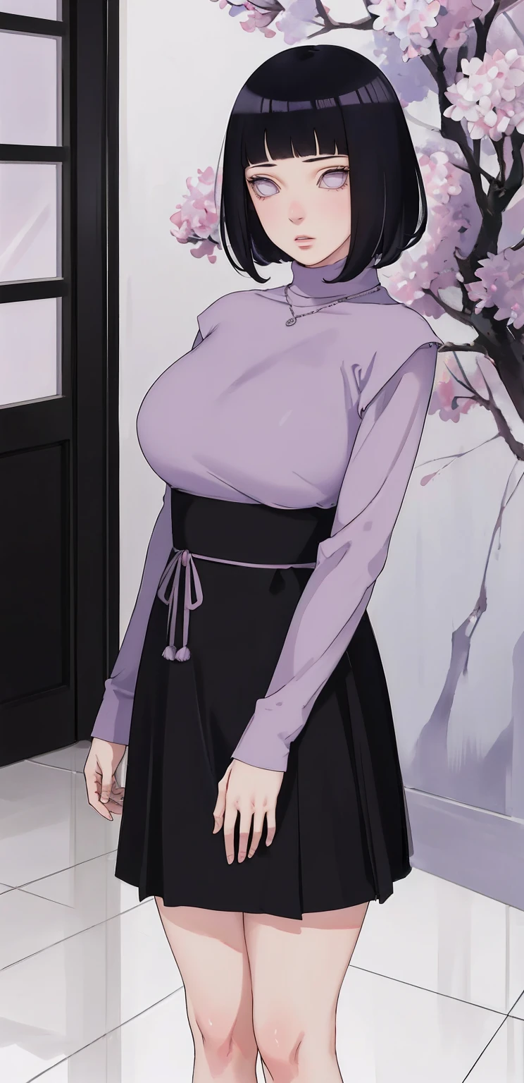 { - anatomy error} (Masterpiece - Ultra-detailed, very high resolution) (huge titusty, masterpiece, absurdres, hinata\(boruto\), 1girl, solo,mature female, lilac turtleneck blouse, high waist black short skirt, looking at viewelling petals), perfect composition, detailed lips, big breast, beautiful face, body propotion, blush, (pink lips), short hair, (black hair), purple eyes, soft gaze, super realistic, detailed, photoshoot, realistic face and body, closed mouth, dancing ligthly , lilac eyes, full body, sitting on the floor , black shoes, perfect fingers, inocent face