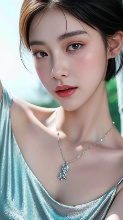 a close up of a woman wearing a silver dress and a necklace, inspired by Yanjun Cheng, with short hair, gorgeous young korean woman, heonhwa choe, inspired by Jin Nong, sun yunjoo, jaeyeon nam, beautiful young korean woman, korean women's fashion model, seseon yoon, very ethereal, inspired by Jung Park