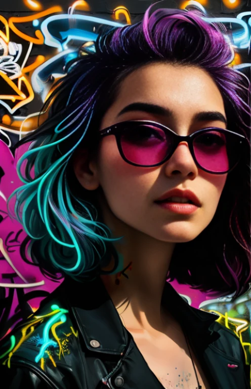 close up, colorful painting of cyberpunk girl standing, sunglasses, high heeled shoes, perfect hourglass figure, perfect huge tits, (((Graffiti art) (by Carne Griffiths)))), red wall background, insane details, intricate details, hyperdetailed, low contrast, soft cinematic light, dark colors, exposure mix, hdr, front, (neon light: 1.4), upper body, detailed skin, detailed eyes, realistic eyes, 20 megapixel, canon eos r3, detailed skin, detailed face, (TungstenDispo:1.2), raw photo, portrait of a businesswoman, (style of Flora Borsi), bright and bold colors, Mohawk blue haircut, ((Flora Borsi)), dslr, dramatic lighting, high quality, film grain, Fujifilm XT3, (strong backlight: 1.1), style (liminal space), by Syd Mead, by Andr Kertsz, by Tadao Ando
