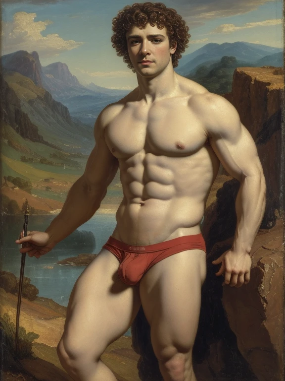 full body, complete body, ((oil painting, masterpiece)), best quality, full body, a handsome muscular male, curly hair, shirtless, ((briefs, big bulge)), detailed face, side view, manly pose, classical painting, fine art painting, landscape background