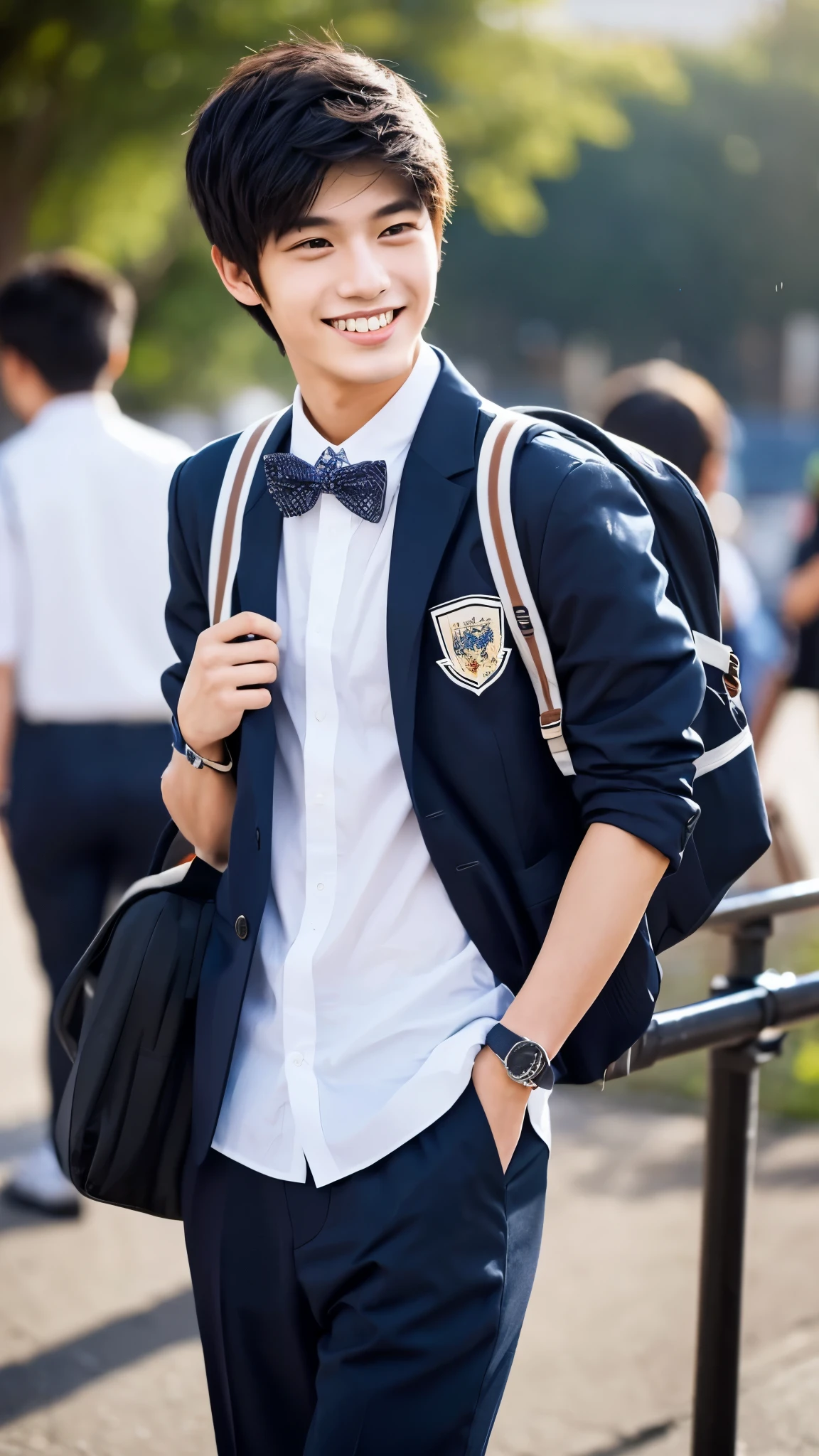A charismatic and popular 18-year-old Japanese male with a captivating smile, wearing stylish student attire. He embodies the essence of a young, fashionable student, known for his charm and good looks. His features are sharply defined, exuding the youthful vigor and appeal of a high school heartthrob. His attire is a neatly tailored student uniform, symbolizing both his academic dedication and a sense of style. The expression on his face is bright and cheerful, reflecting his friendly and outgoing personality, making him a beloved figure among his peers.