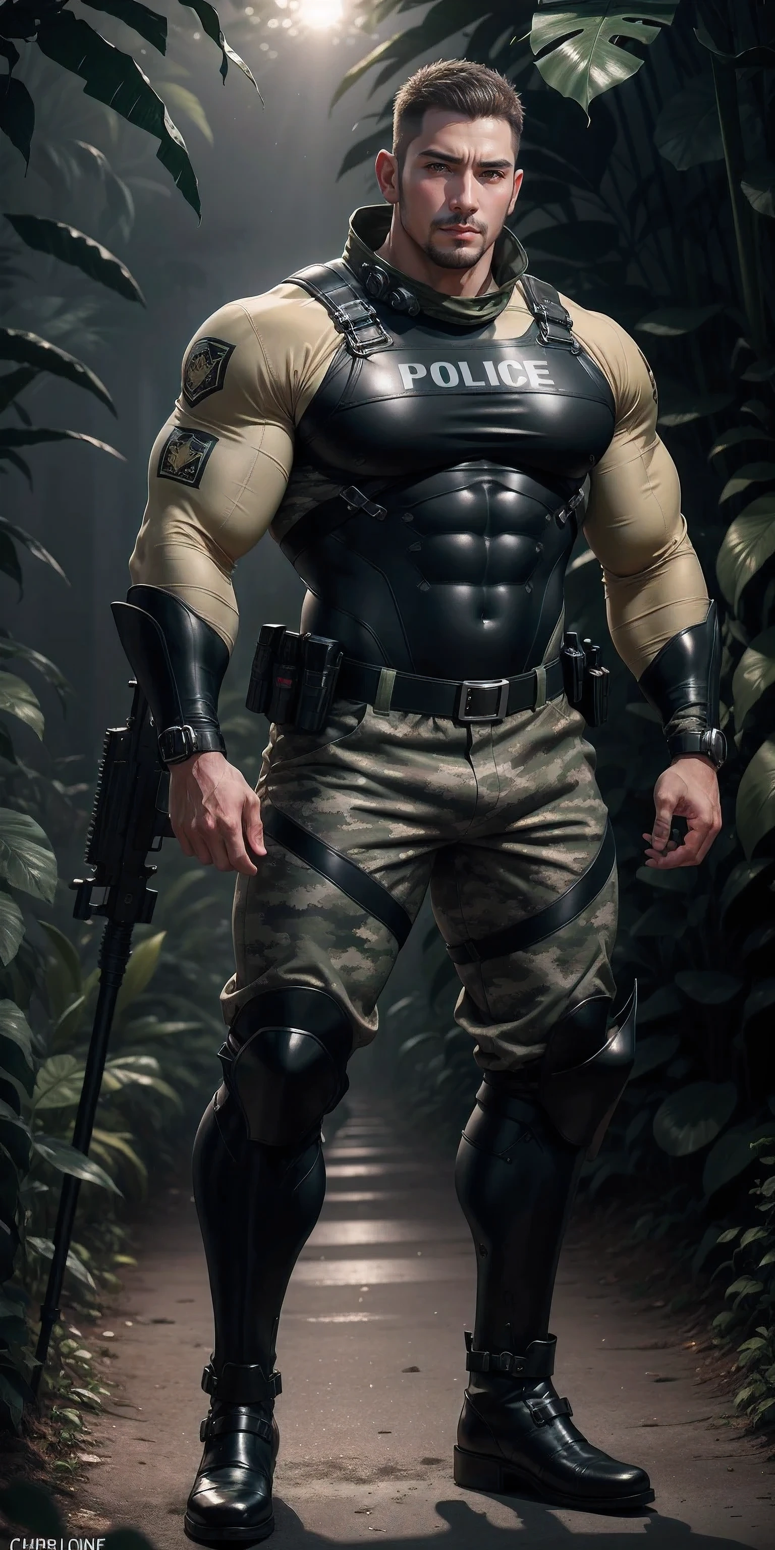 A tall, giant, muscular man with his mouth open and screaming.，Khaki camouflage uniform，character  design（Resident Evil - Chris Redfield，Chris Redfield）Buzz Cut，Wearing a khaki camouflage wetsuit，Frosted grain texture，Regular symmetrical texture pattern，Standing in the eerie jungle of tentacles, Lots of slime octopus and sludge，expression sad，Deep and charming eyes，The male hero with emerald pupils，heroic masculine pose，Tall and burly，Muscular！Charming leg muscles，tall, Burly, and strong， Wearing a khaki camouflage wetsuit， Super gain and cool， commission for high resolution， Big feet in black boots，Charming strong man，Bright sunlight shines on the body，The texture of frosted particles is shiny