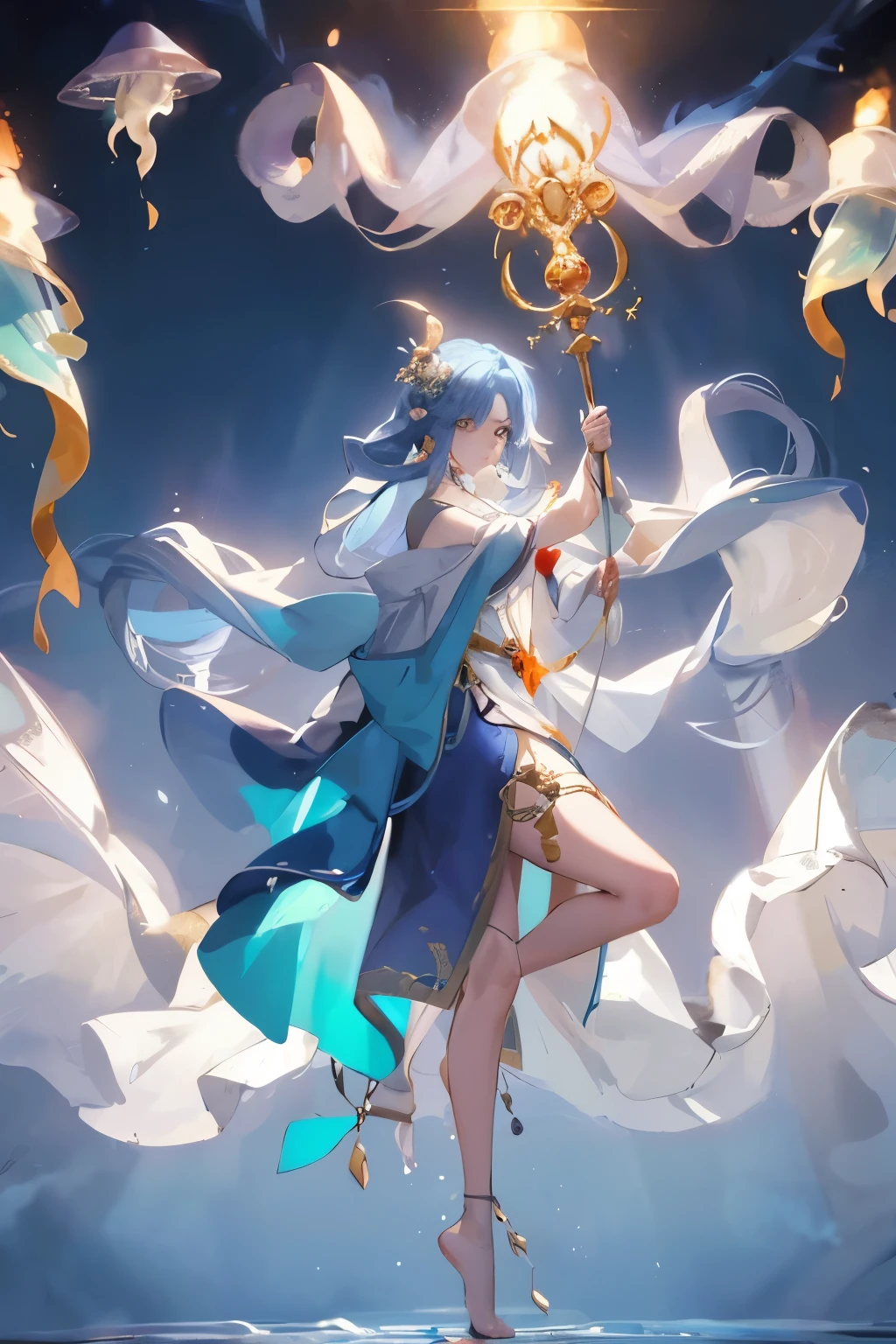 Anime girl wearing blue clothes,blue hair and blue clothes, flowing magic robe, ((beautiful fantasy queen)), Astral Witch Clothes, full body xianxia, Beautiful celestial mage, heise jinyao, beautiful fantasy queen, jellyfish priestess, Cotton Cloud Mage Robe, ethereal essence, Gorgeous flowing robe, flowing hair and gown