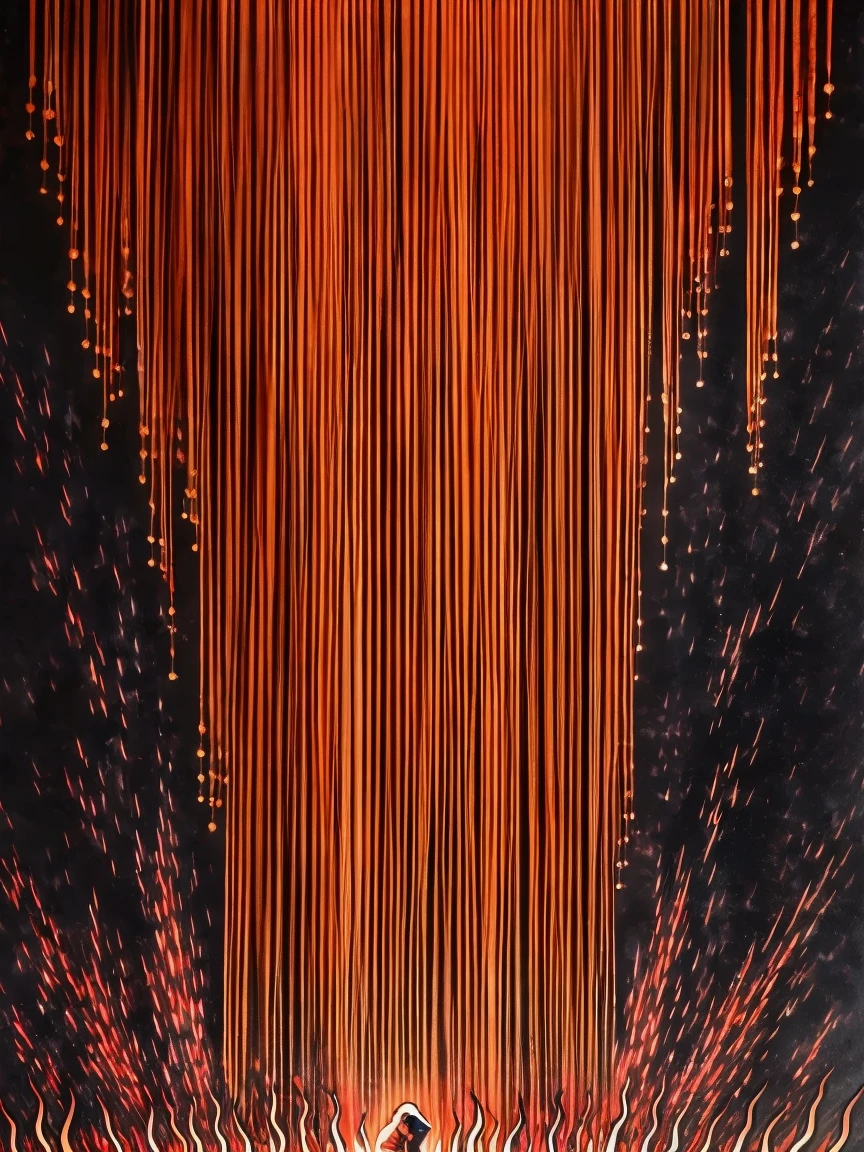 (a celestial being,Chinese,traditional Chinese style,descends from the clouds,wearing magnificent clothing that gradually becomes tattered,while demons and ghosts run rampant on earth.The upper half of the picture depicts a person falling from the clouds, and the lower half shows a group of demons and ghosts crouching on tall buildings, resembling a novel cover.)(best quality,4k,8k,highres,masterpiece:1.2),ultra-detailed,(realistic,photorealistic,photo-realistic:1.37),traditional Chinese painting,high contrast lighting,rich and vibrant colors,ethereal atmosphere,ominous shadows,captivating and mysterious ambiance,dramatic composition,splendid details,traditional Chinese costume,dynamic and lively brushstrokes,authentic Chinese cultural elements,ancient architectural scenery,self-illuminating celestial beings,fiery red and vibrant gold colors,exquisite and elaborate demon and ghost design,nighttime urban cityscape,dynamic perspective,theatrical yet elegant,mythical creatures,subtle and graceful movements,displaying power and vigor,imposing and majestic presence,haunting and eerie atmosphere.