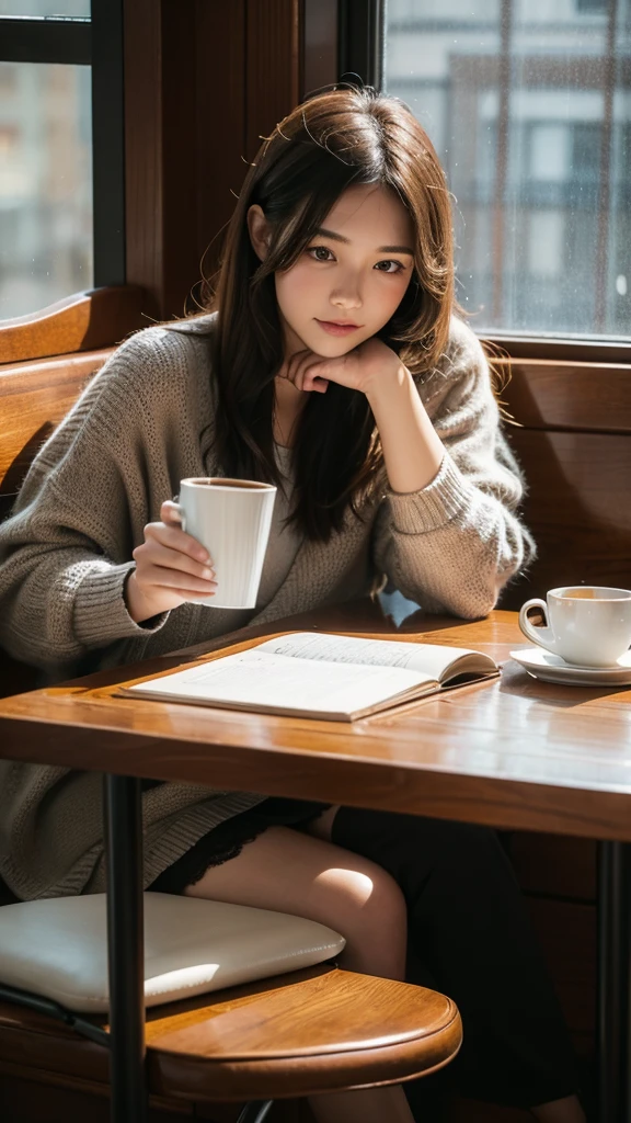 ((best quality)), ((masterpiece)), (detailed),(Realistic),(lifelike),(Lots of detail),An adult sitting by the window in a coffee shop,Floor-to-ceiling windows,Leather seats,The table is covered with a lace tablecloth,Notebook on the table,Next to it is a coaster,Female hand holding steaming coffee,Looks like he's about to drink it,It was raining outside the window,Raindrops hitting the window,Outside the window is the city street at night,A taxi passed by in the rain,A few pedestrians appeared on both sides of the road,The building opposite has lights on,The lights are shining,Very cozy atmosphere,