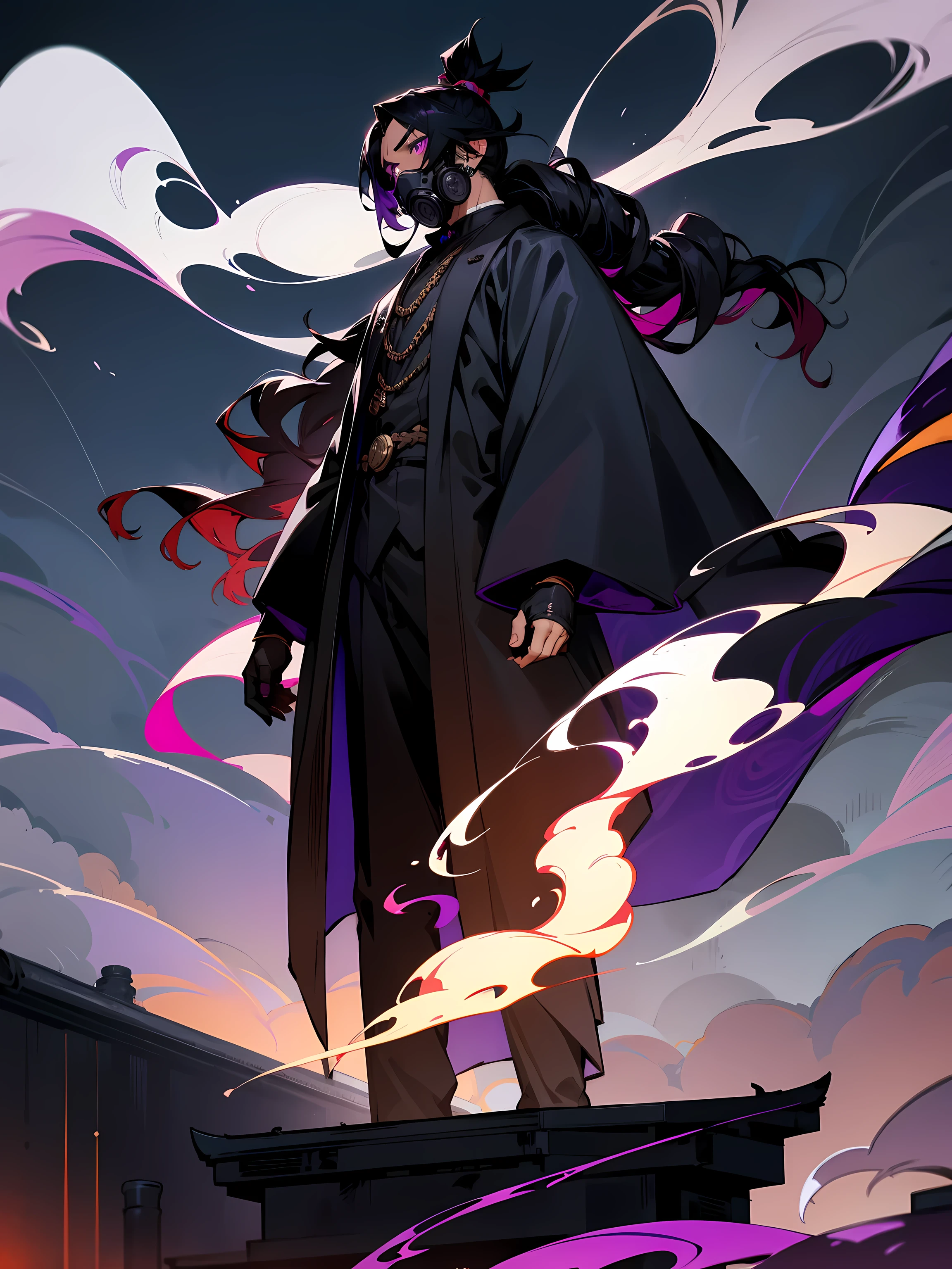 1male, darkskin, black hair, wavy hair, long hair, top knot, purple eyes, gas mask, black overcoat, black sweatshirt, black gloves, standing on roof, japanese city, night time, tired expression, smoke, standing on path, masterpiece quality