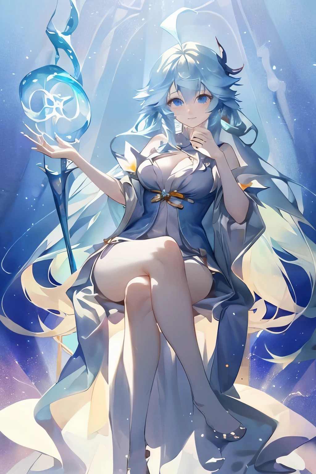 Seated posture，Anime girl wearing blue clothes，blue hair and blue clothes, flowing magic robe, ((beautiful fantasy queen)), Astral Witch Clothes, full body xianxia, Beautiful celestial mage, heise jinyao, beautiful fantasy queen, jellyfish priestess, Cotton Cloud Mage Robe, ethereal essence, Gorgeous flowing robe, flowing hair and gown
