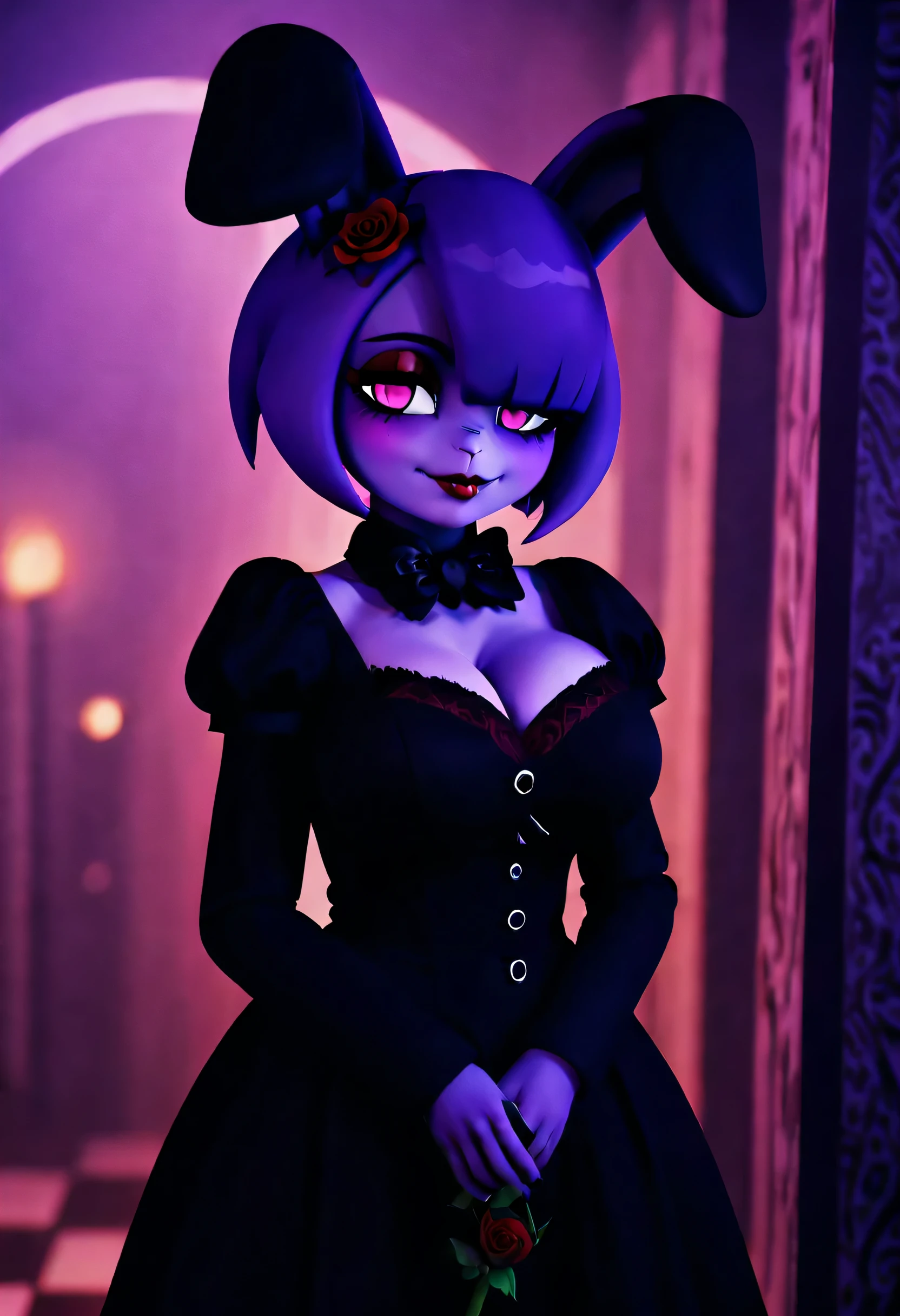 (best quality, masterpiece1.2), 1girl, solo, anthro, cally3d, bonfie, pink eyes, one eye covered, red eyeliner, bunny ears, gothic ****ta outfit, cutesy, purple hair, sexy, detailed, extreme detail, perfect lighting, 4k, vivid colors, ethereal atmosphere, mystical vibes, enchanting background, mesmerizing expression, dark shadows, haunting beauty, alluring gaze, gothic style, surreal elements, magical aura, intricate details, holding black rose, sinister smirk,