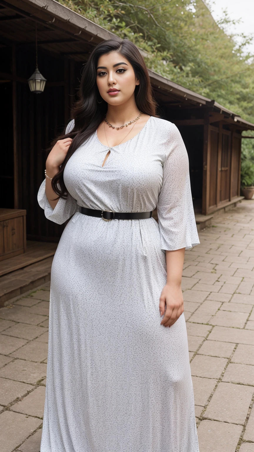 Shrabanti Chatterjee bengali beautiful actress sexy curvy plus size huge figure woman in a SHEIN Slayr Plus Size Geometric Damsk Print Belted Maxi Dress, different Type standing position, manga mala necklace ornament in necklace for wedding, Head Jewelry for wedding, busty, small curvy, mid body shot, round belly, thick body, outdoor village background, head to Thai view, c-cup breasts.