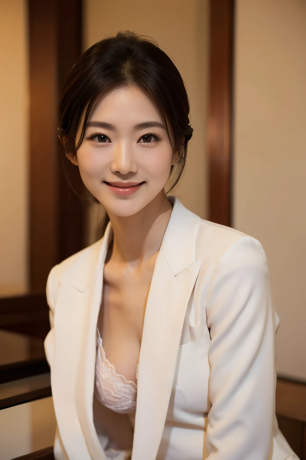 small breast, slender, Japan 40 years old, woman, beautiful face, Are thin, skirt suit, Hotel, highest quality, ultra high resolution, (realism: 1.4), Depth of bounds written, beautiful face, (Pueros face_v1: 0.8), half body,bra, innocent smile, natural makeup, model pose,
