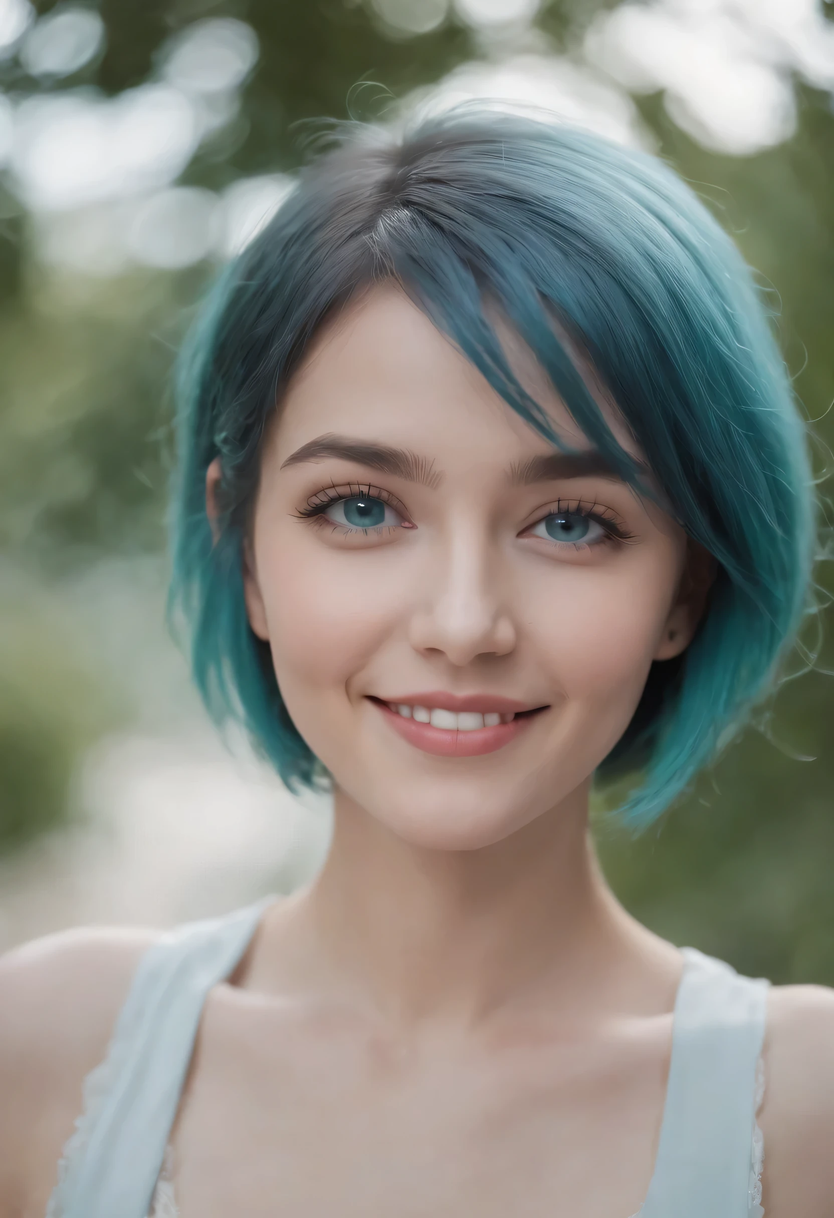 1girl, cyan hair, short hair, cyan eyes, smiling