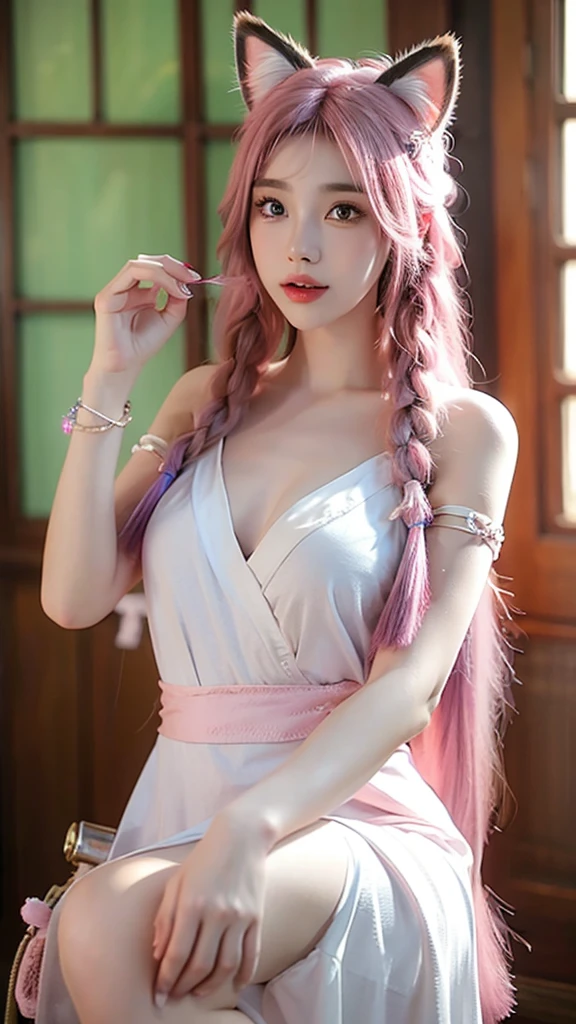 1girl,solo,animal ears,pink hair,long hair,tail,fox ears,fox tail,braid,hair ornament,looking at viewer,fox girl,jewelry,facial mark,pink eyes,dress,hair between eyes,ahri (league of legends),white dress,whisker markings,bangs,hand up,bracelet,breasts,parted lips,animal ear fluff,lips