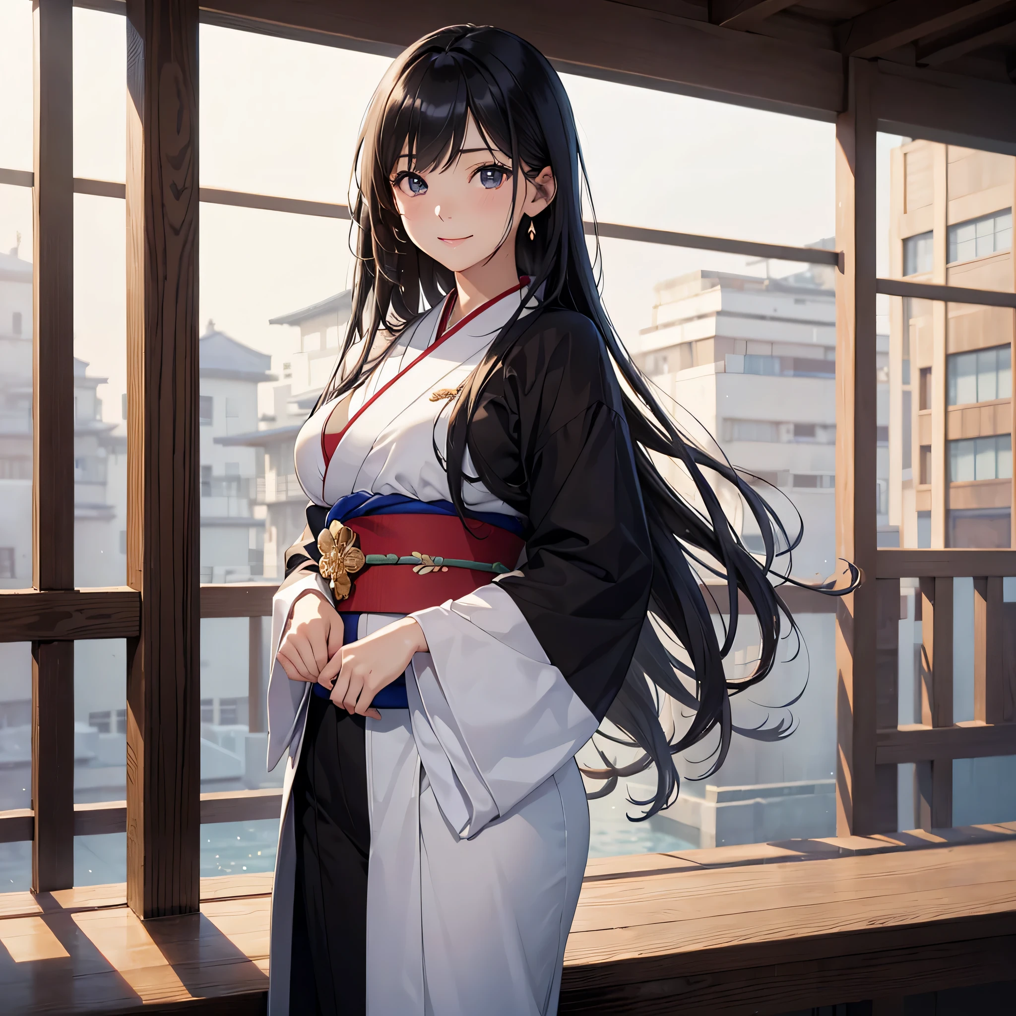 One super beautiful woman、((highest quality、8K masterpiece:1.3))、sharp focus:1.2、(super beautiful face:1.0)、(shiny skin:1.0)、realistic pictures、black hair、video writing、High resolution eyes and face、The front side of the middle breasts of Japanese idol actresses、shy smile、The beauty of slender abs、whole body、wearing a suit、、wearing a kimono、luxury obi、At work