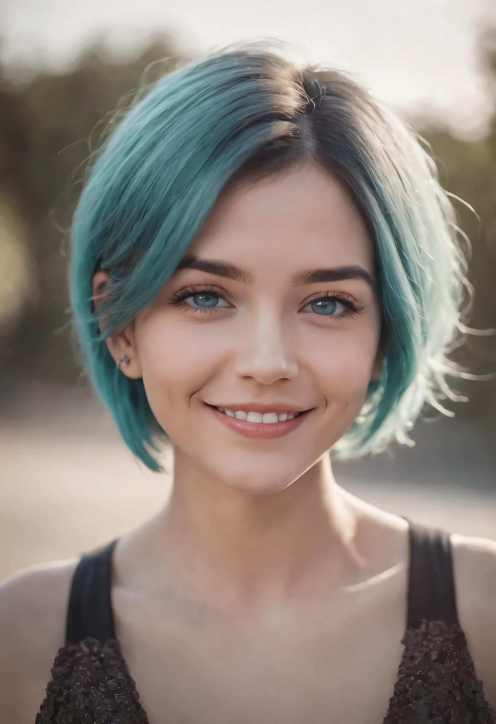 1girl, cyan hair, short hair, cyan eyes, smiling