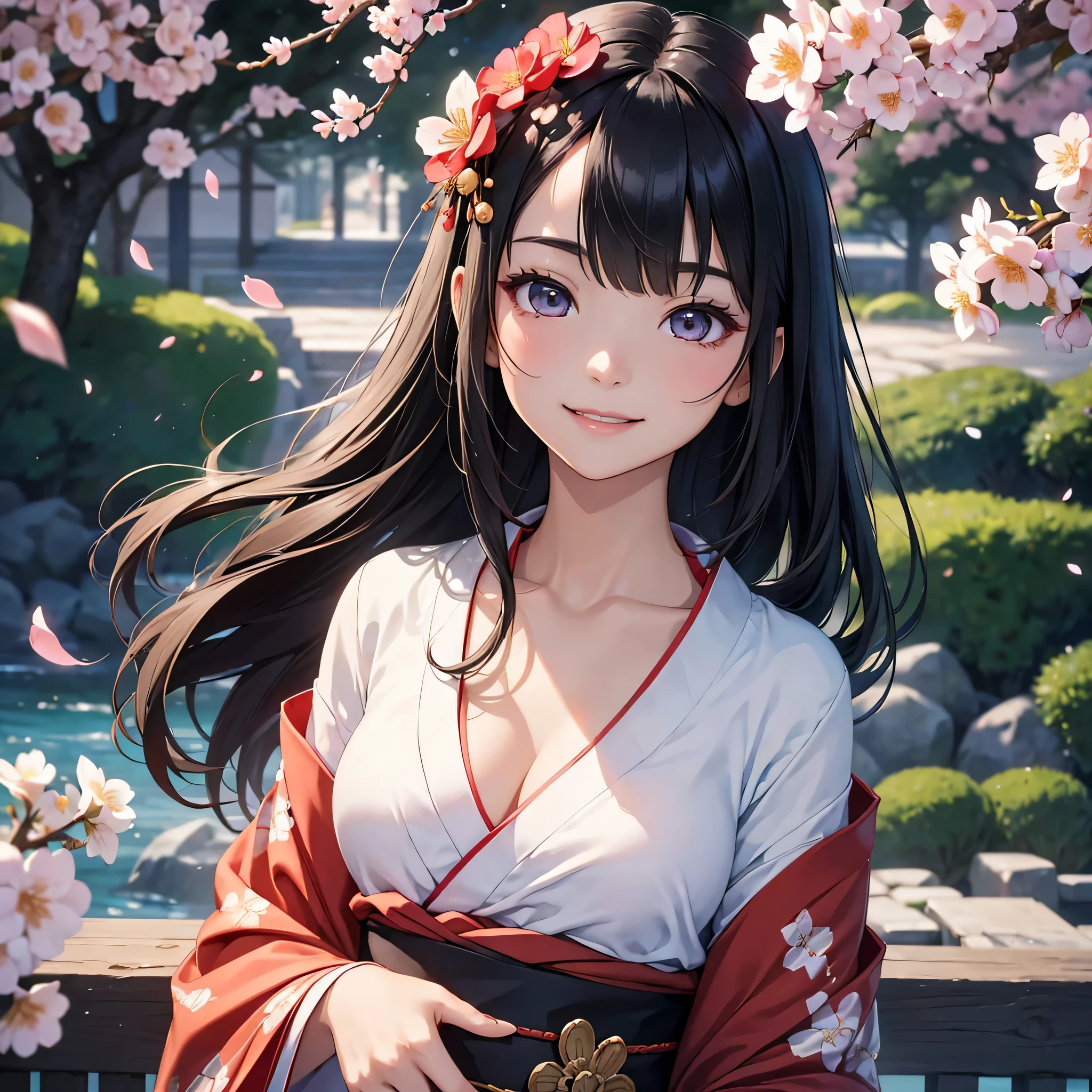 (Super beautiful woman in kimono)、((highest quality、8K masterpiece:1.3))、sharp focus:1.2、(super beautiful face:1.0)、(shiny skin:1.0)、realistic pictures、black hair、video writing、High resolution eyes and face、video writing、japanese actress、from the front、Medium chest、with a happy smile、The beauty of slender abs、whole body、wearing a kimono、cherry blossom in full bloom、luxury obi