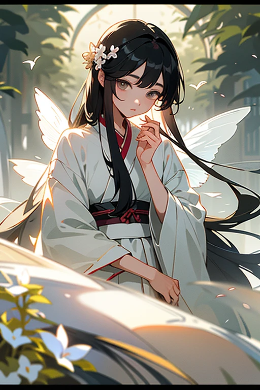 (: 1.5), race, ribbon, Hanfu, (masterpiece, side light, delicate and beautiful gray eyes: 1.2), masterpiece, realistic, shining eyes, shiny hair, black hair, long hair, shiny skin, alone, Awkward, strapless, delicate, beautiful, garden, flowers, Fluttering petals,