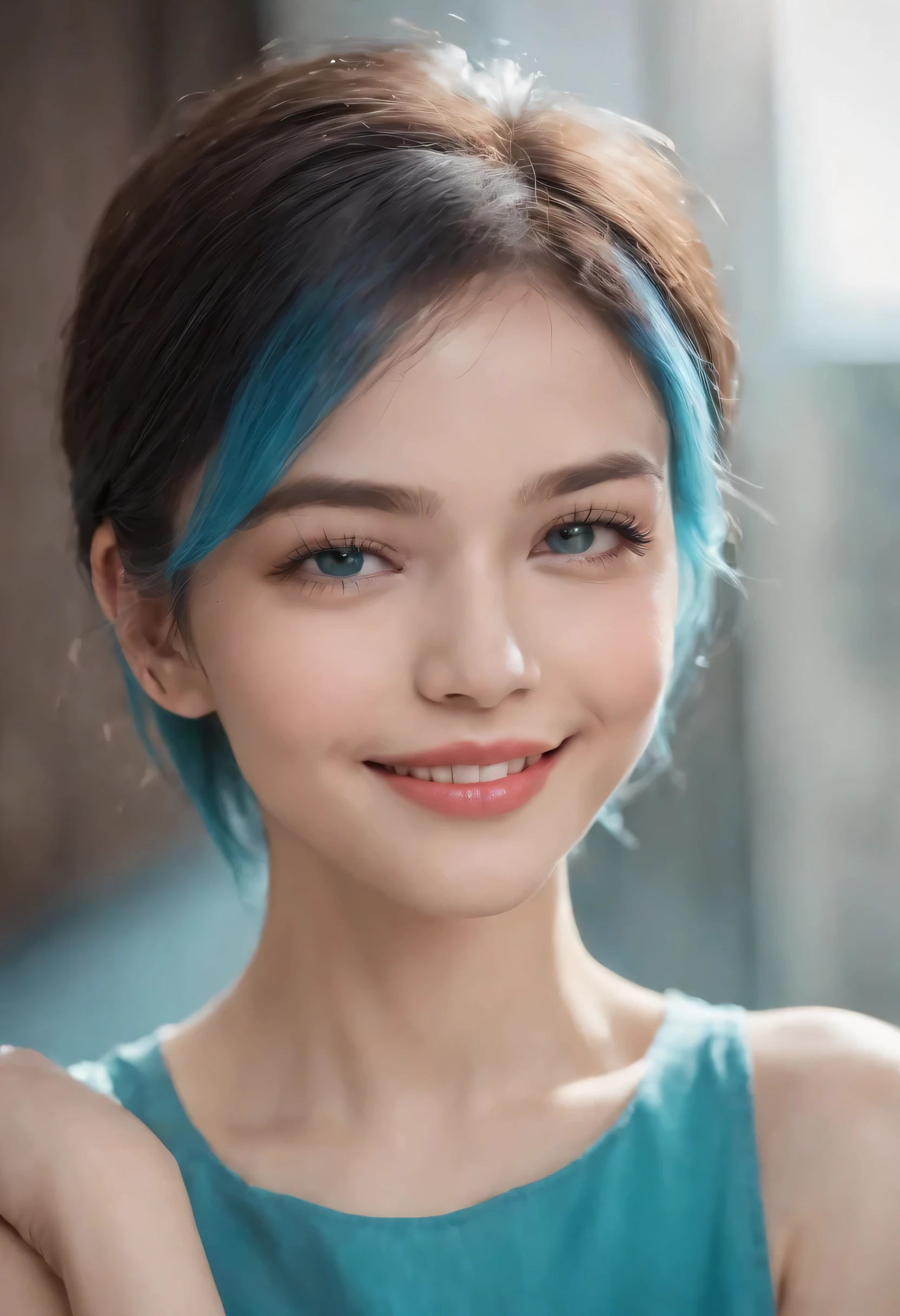 A girl with short cyan hair and captivating cyan eyes, radiating a warm and genuine smile. Her hair flows effortlessly, framing her face in a vibrant and dynamic manner. The cyan color of her hair and eyes create a striking contrast against her fair complexion. Her short hair is styled in a modern and chic manner, adding a touch of sophistication to her overall look. The intensity of her smile illuminates the entire scene, filling it with a sense of joy and positivity. With every curve of her lips, she emanates a contagious energy, uplifting the atmosphere around her. The combination of her cyan hair, short hair, cyan eyes, and infectious smile creates a charming and charismatic presence that is impossible to ignore. The girl's appearance exudes confidence and self-assurance, leaving a lasting impression on anyone who lays eyes on her. The image quality is exceptionally high, with every detail rendered in stunning clarity. The realistic depiction of her features, including her eyes, lips, and the overall facial expression, brings the artwork to life. The colors used in the composition are vivid and vibrant, adding depth and dimension to the scene. The lighting is carefully crafted to enhance the girl's features, creating a subtle play of shadows and highlights that accentuate her natural beauty. Overall, the prompt captures the essence of a young girl with cyan hair, short hair, cyan eyes, and a captivating smile, resulting in a visually stunning and emotionally engaging artwork.