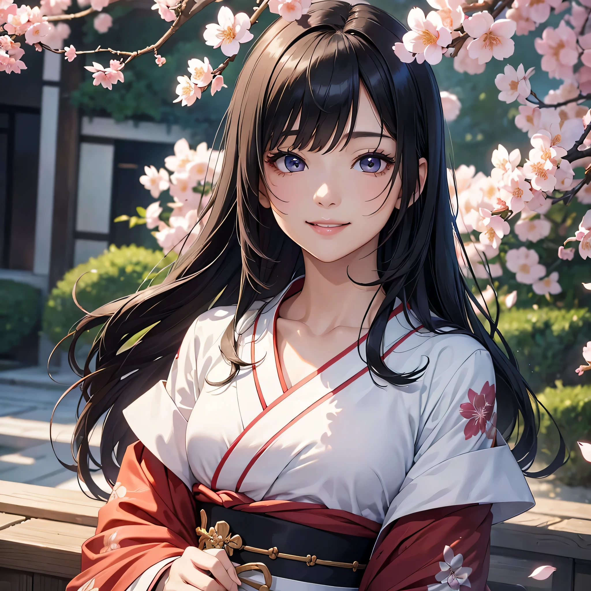(Super beautiful woman in kimono)、((highest quality、8K masterpiece:1.3))、sharp focus:1.2、(super beautiful face:1.0)、(shiny skin:1.0)、realistic pictures、black hair、video writing、High resolution eyes and face、video writing、japanese actress、from the front、Medium chest、with a happy smile、The beauty of slender abs、whole body、wearing a kimono、cherry blossom in full bloom、luxury obi