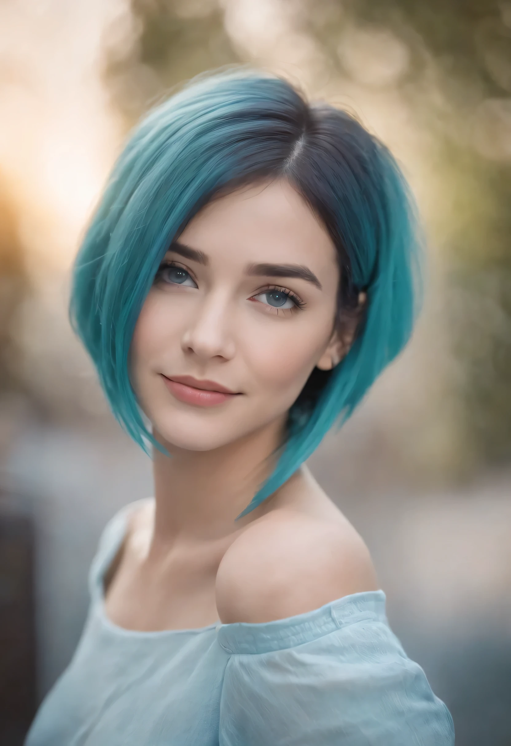 1girl, cyan hair, short hair, cyan eyes, smiling