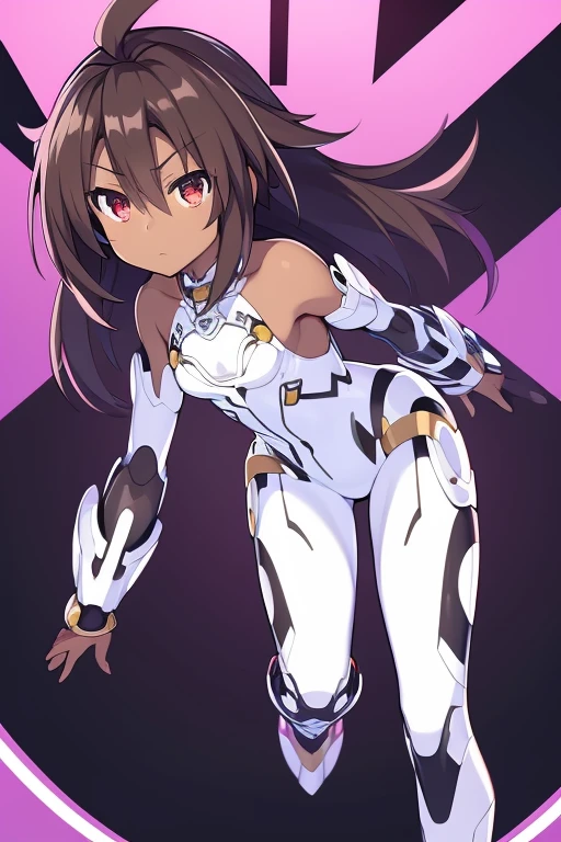 Masterpiece, highly detailed, best quality, highres, amazing quality, superior quality, glowing, shine, xenosaga, Hyperdimension Neptunia white heart, no game no life, flat chested, (male), (9  boy), otokonoko, (((Dark skin))), cute, big innocent ruby red eye's, (dark brown hair), black exosuit, black elbow gloves, white gauntlets, ((black fullbody powersuit)), white mecha thigh armoured attachment, black pants leggings, zoom in, close up, pose, 