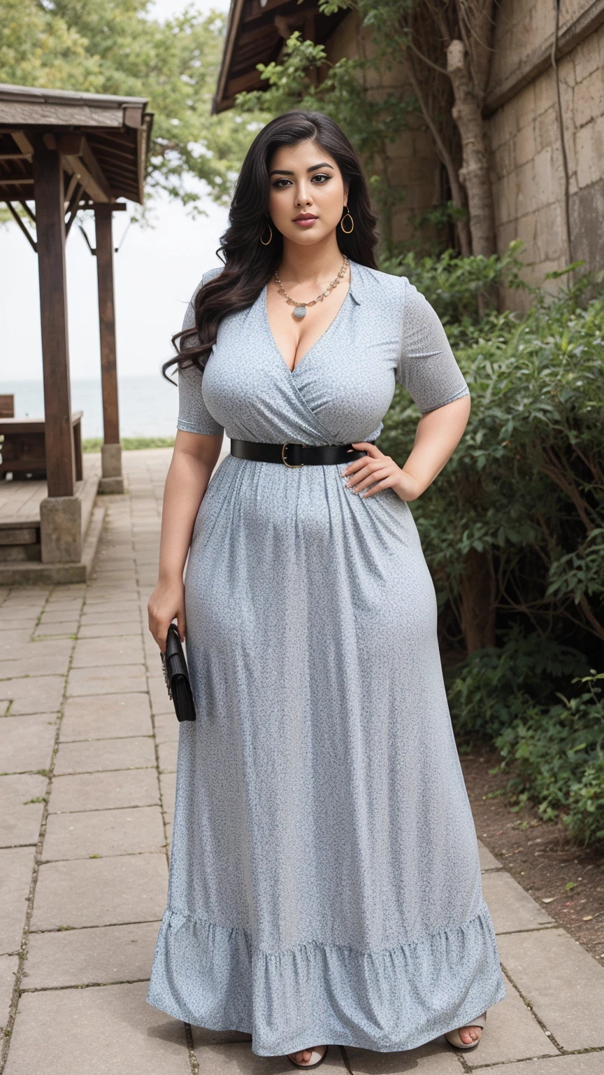Shrabanti Chatterjee bengali beautiful actress sexy curvy plus size huge figure woman in a SHEIN Slayr Plus Size Geometric Damsk Print Belted Maxi Dress, different Type standing position, manga mala necklace ornament in necklace for wedding, Head Jewelry for wedding, busty, small curvy, mid body shot, round belly, thick body, outdoor village background, head to Thai view, c-cup breasts.