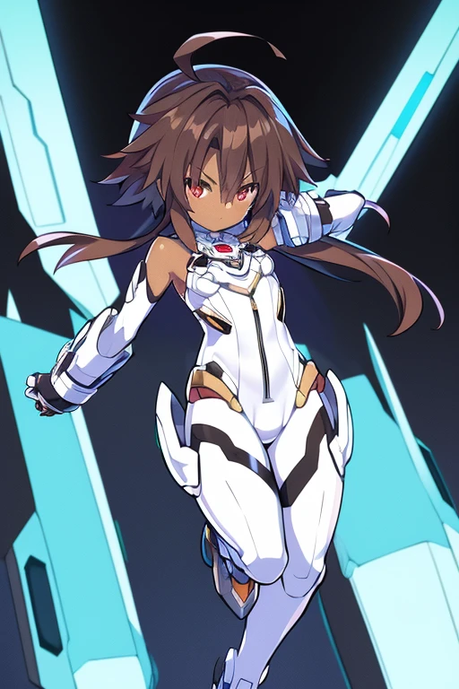 Masterpiece, highly detailed, ultra quality, ultra high .res, amazing quality, superior quality, glowing, shine, xenosaga, Hyperdimension Neptunia white heart, no game no life, flat chested, (male), (9  boy), otokonoko, (((Dark skin))), cute, big innocent ruby red eye's, (dark brown hair), black exosuit, black elbow gloves, white gauntlets, ((black fullbody powersuit)), white mecha thigh armoured attachment, black pants leggings, zoom in, close up, pose, 