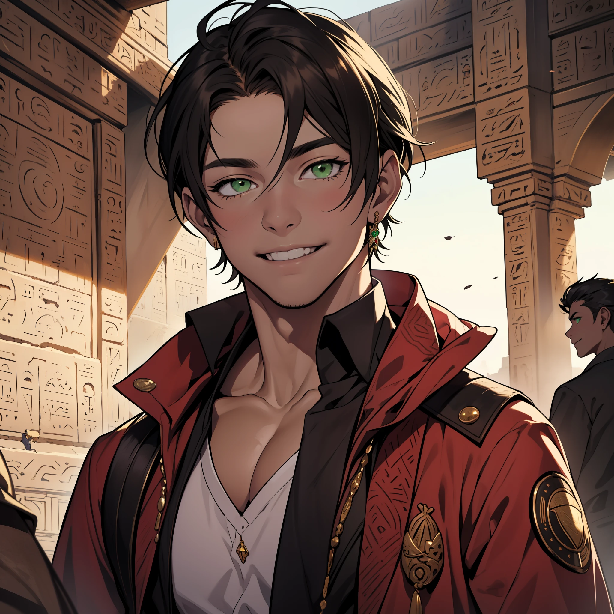 15-year-old boy walks smiling through the palaces of ancient Egypt black hair brown skin green eyes elegant black clothes with gold with bare chest wears red gold jewelry