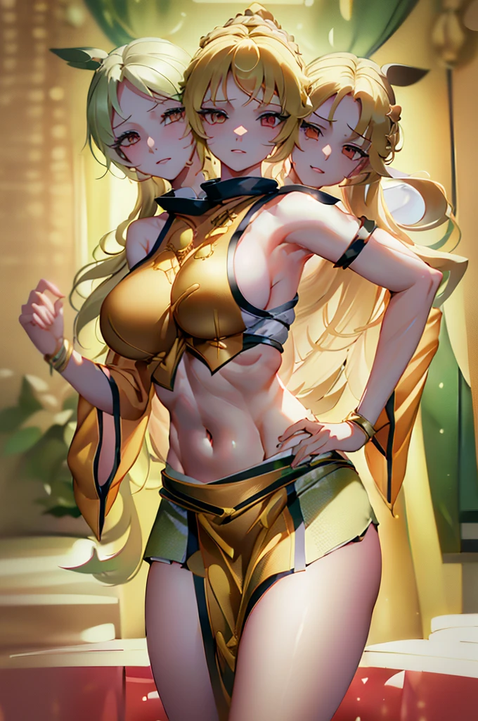 (masterpiece, best quality), best quality, (ultra-detailed), (3heads:1.5), 1girl, (okina matara:1.3), masterpiece, best quality, yellow-orange top, crop top, ((stomach)), midriff, ((groin)), green skirt, normal ears, shackles, blonde hair, very long hair, wavy hair, sidelocks, yellow eyes, parted lips, single horn, sweat, very cute, toned belly, hand on own chest, eyelashes, (24 year old woman:1.3), (masterpiece:1.5), (best quality:1.5), (beautiful detailed, extremely detailed CG, extremely delicate and beautiful, depth of field, (finely detailed face), (perfect details:1.2), (mature female:1.3), wide pelvis, slender, large veiny breast, 8k resolution, high quality, high definition, extremely detailed, masterpiece, blonde hair, long hair, alluring presence, braid, short skirt, close up, big tits, young, three-point hat,