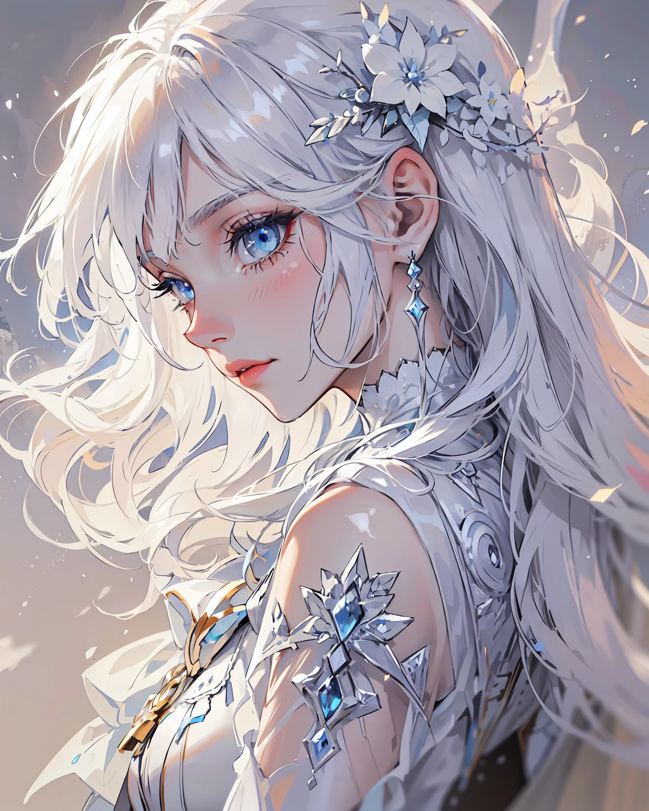 A white hair woman with icy blue eyes, sharp elegance looking in planet theme. She is a represent of Enceladus, the moon of Saturn, portrait