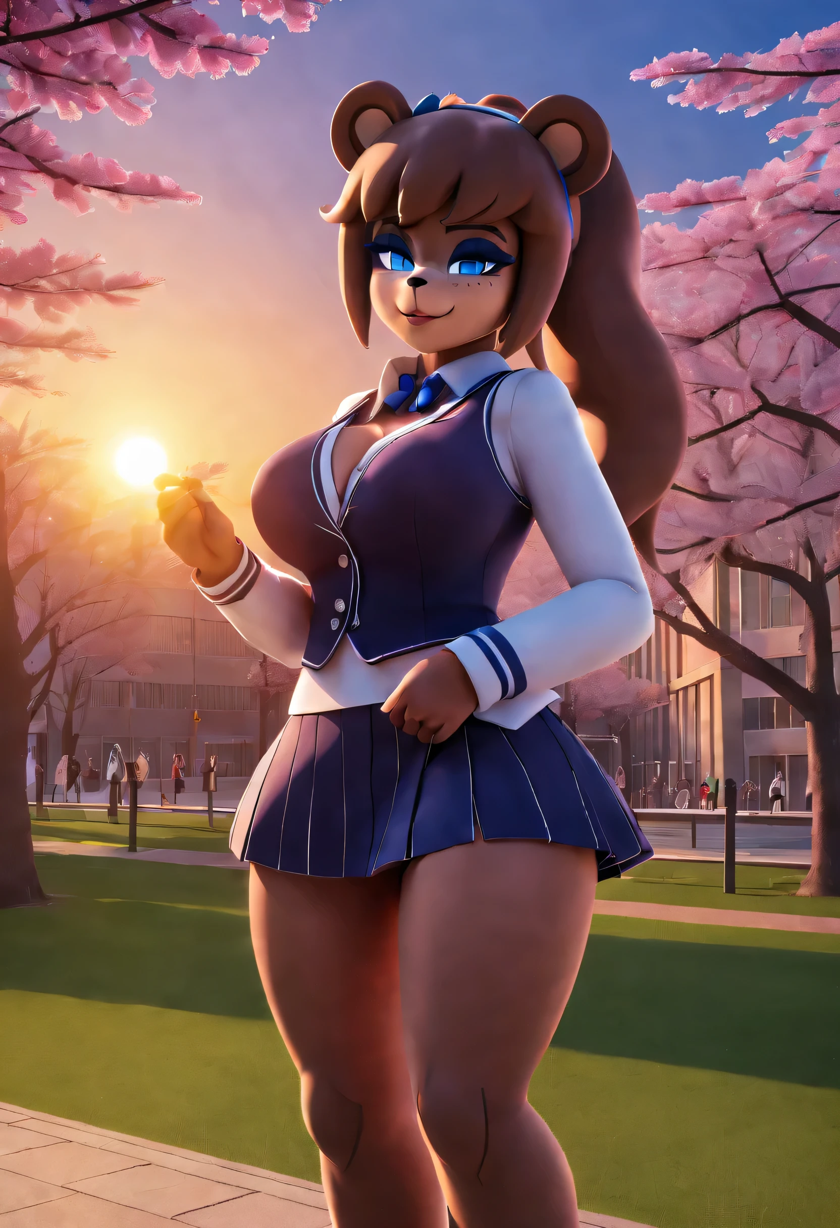 (best quality, masterpiece1.2), 1girl, solo, anthro, cally3d, fredina, bear ears, bear nose, blue eyeliner, sexy student council president, skirt, cleavage, long hair, ponytail, sexy, detailed, extreme detail, perfect lighting, 4k, ultra-fine painting, vivid colors, confident pose, modern school building, cherry blossom trees, sunset backdrop,