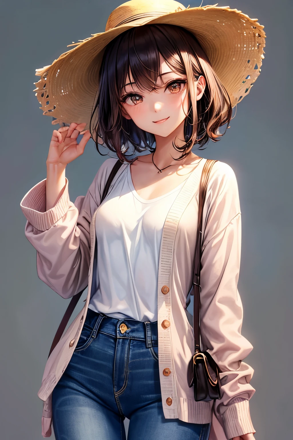 A 26 years old Japanese lady (( slender, small breast )), whole body, brown smooth curly((voluminous extra very short))hair, much shaggy forelock,(( white cardigan)) ((pink tunic ))((indigo damaged jeans)), (( corners of her mouth are rising)),((no background))(( black and light brown big round eyes, bright smile eyes wide with joy, eyelashes )), put her hands on her waist, enjoying atmosphere, ((Panama hat))