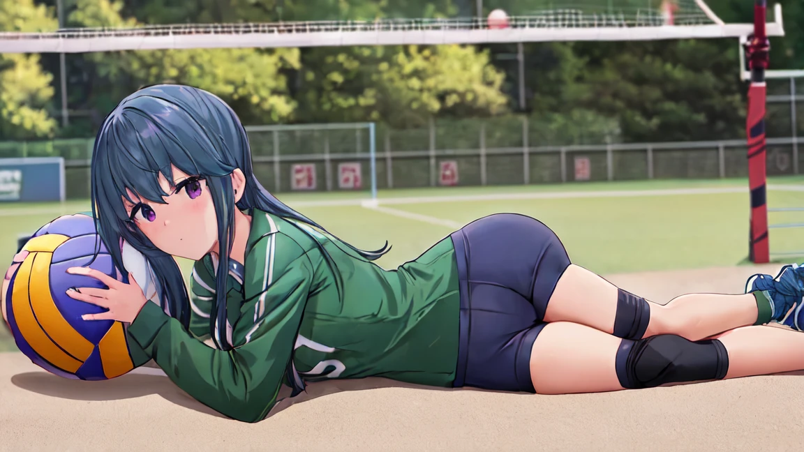 highest quality, masterpiece, High resolution, alone, {Shima_Also_yuru camp:1.15}, green_hair, purple_eye, closed_mouth, single_hair_good, hair_good, 1 girl, 前hair, blurry, blurry_background, (volleyball uniform:1.3)、(barefoot)、dark blue socks,(sports boots)、short、full body shot, lie down