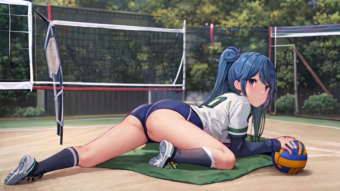 highest quality, masterpiece, High resolution, alone, {Shima_Also_yuru camp:1.15}, green_hair, purple_eye, closed_mouth, single_hair_good, hair_good, 1 girl, 前hair, blurry, blurry_background, (volleyball uniform:1.3)、(barefoot)、dark blue socks,(sports boots)、short、full body shot, lie down