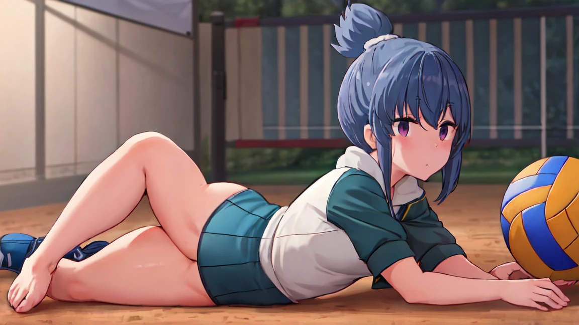 highest quality, masterpiece, High resolution, alone, {Shima_Also_yuru camp:1.15}, green_hair, purple_eye, closed_mouth, single_hair_good, hair_good, 1 girl, 前hair, blurry, blurry_background, (volleyball uniform:1.3)、(barefoot)、dark blue socks,(sports boots)、short、full body shot, lie down