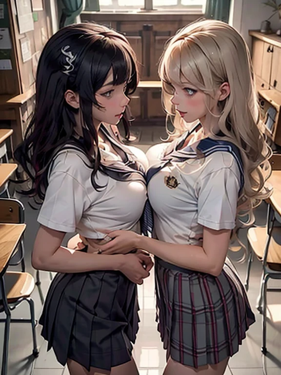 super fine illustration,masterpiece,best quality,ultra detailed,2girls,yuri,look at each other,eye contact,(sheer sailor school uniform:1.4),short sleeves,(covered nipples:1.1),breasts press against breasts,large breasts,medium hair,blush,shy,(super beatiful detailed big eyes:1.3),(beautiful gray eyes), (from above:1.2),(looking at camera :1.2),(open mouth,orgasm;1.2)