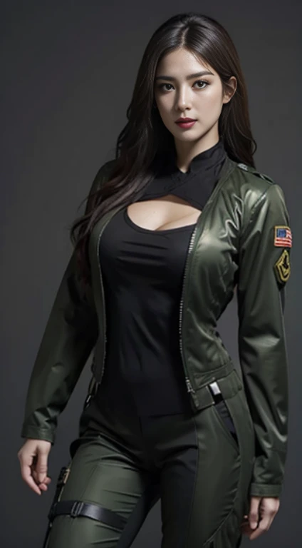 "Create an image of a beautiful American woman in her 20s or 30s. She has long, flowing hair and is wearing a camouflage suit.The zipper on her chest is down. Her body is glamorous with large breasts and a big butt. She has a smiling.The whole body is shown.