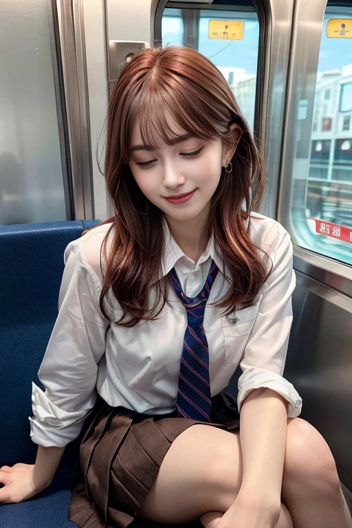 1 名girl, Extremely bright backlight, alone, {Beautiful and delicate eyes}, Autumn morning, big breasts, calm expression, Natural and soft light, Exquisite facial features, blunt bangs, 美丽的韩国girl, Smile in the eyes, very small earrings, 20 years old, ((model pose)), Attractive body shape,(Colorful hair, half red hair、half brown hair:1.2),real hand, on the table, best quality, lifelike, Super detailed, detailed meticulous, high resolution,Brown messy hair, Perfect dynamic composition, Beautiful and delicate eyes, 亚洲girl,((Nervous and embarrassed)),sharp focus,  Beauty combination, girl,(Smile:1.3),(Wearing a brown school uniform,Brown pleated skirt:1.3),(long hair:1.3),(sitting in the train seat.:1.3),(eyes closed:1.3),(tilt your head:1.1),(legs spread:1.4),(Put your hands behind your back:1.3),(i can see:1.5),whole body