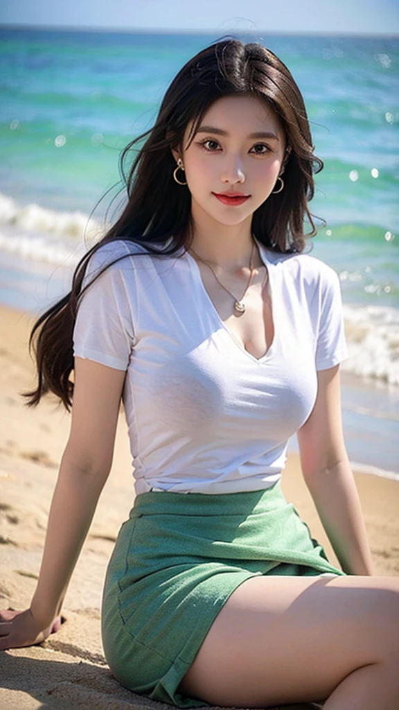 girl，individual，jewelry，skirt，shirt，sitting，long hair，earrings，looki at viewer，黑色shirt，necklace，ocean，outdoor，short sleeves，beach，rock，白色skirt，pant suit，underwear，breast，brown eyes，brown hair，Smile，underwear，water，high waist skirt，day，红色lips，arm support，中等breast，make up，lips，Shut up，shirt塞进，horizon，coastal，bracelet，black hair，miniskirt，lipstick