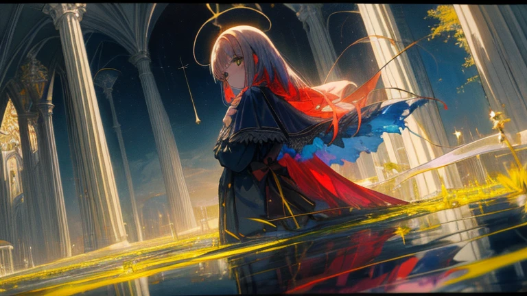 Créer moi une scene avec c mot clefs paysage lumineux,tristesse et pouvoir divine,Fille anime,yeux rouge, meilleur qualités d'image, pousse les détails au maximum,colère,reflet,ombre,œil,sang,8k,ajustement de détail,performance,yeux démoniaques,éclairage accorder à la scène du paysage,moitier monstre moitier humaine, esprit maléfique,colère divine