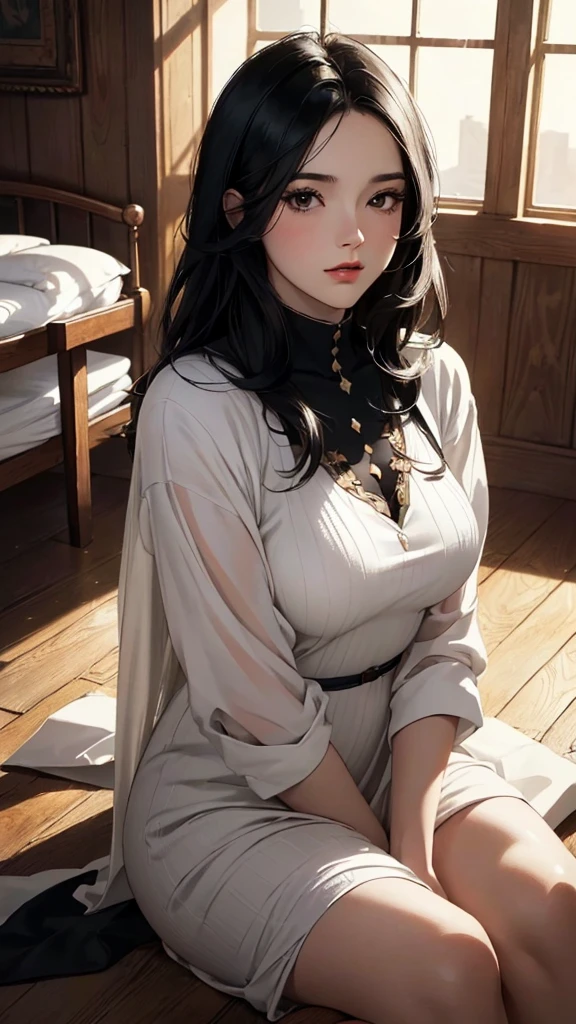 ((Highly detailed CG unit 8k wallpaper, masterpiece, High resolution, highest quality)), (Beautiful woman, put one's hand in one's pocket:1.2, Sitting on the ground:1.2, wear a tight dress), ((highly detailed face, Highly detailed black eyes, detailed body, highest qualityのリアルテクスチャスキン)), (black hair, white skin, ), (warm color, Retro interior, indoor), (high angle:1.2), hyper realistic, digital painting, concept art,